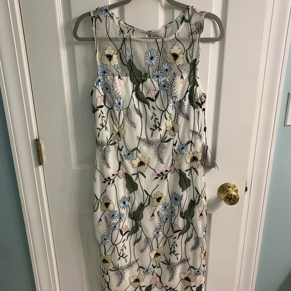 Adrianna Papell White Floral Embroidered Midi Dress